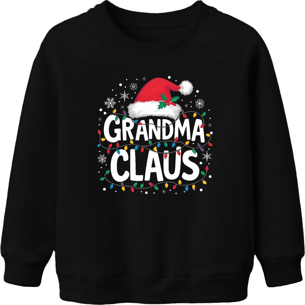 Grandma Claus Oma Weihnachten Lichterkette Schneeflocken Geschenk Uni Kinder Sweatshirt Pullover, Schwarz, 116