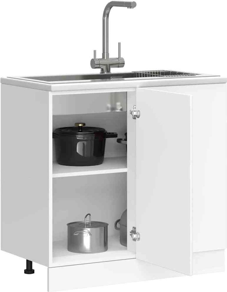 A white kitchen sink cabinet with a faucet and two pots inside.