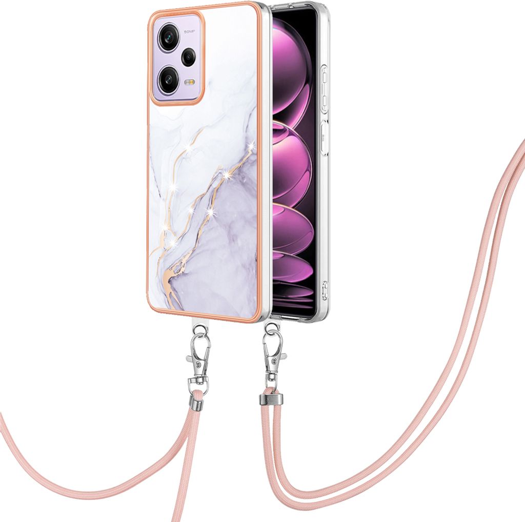 Handykette Hülle für Xiaomi Poco X5 Pro/Redmi Note 12 Pro 5G Muster TPU Schutzhülle mit verstellbarem Tragegurt Weiß