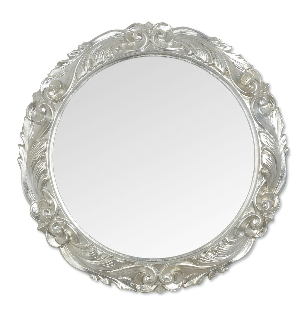 MO.WA Wandspiegel Spiegel oval klassisch Ø 66 m Blattsilber Dekospiegel Rund Silber Barock Runder Holzspiegel Badezimmerspiegel Schlafzimmerspiegel