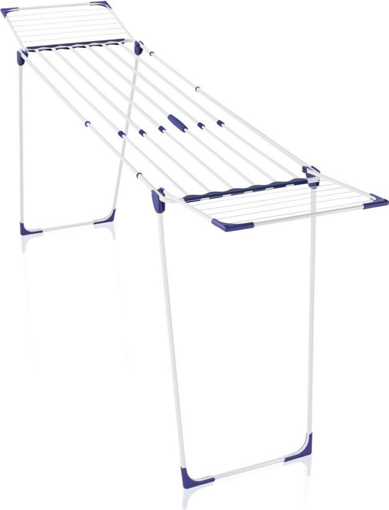 A white and blue foldable drying rack on a white background.