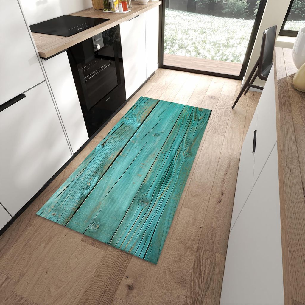 Küchenteppich 90x180cm rutschfest & abwischbar PVC Läufer - Holzplanken Türkis