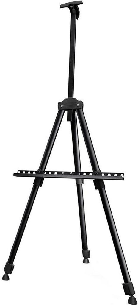 A black aluminum easel on a white background.