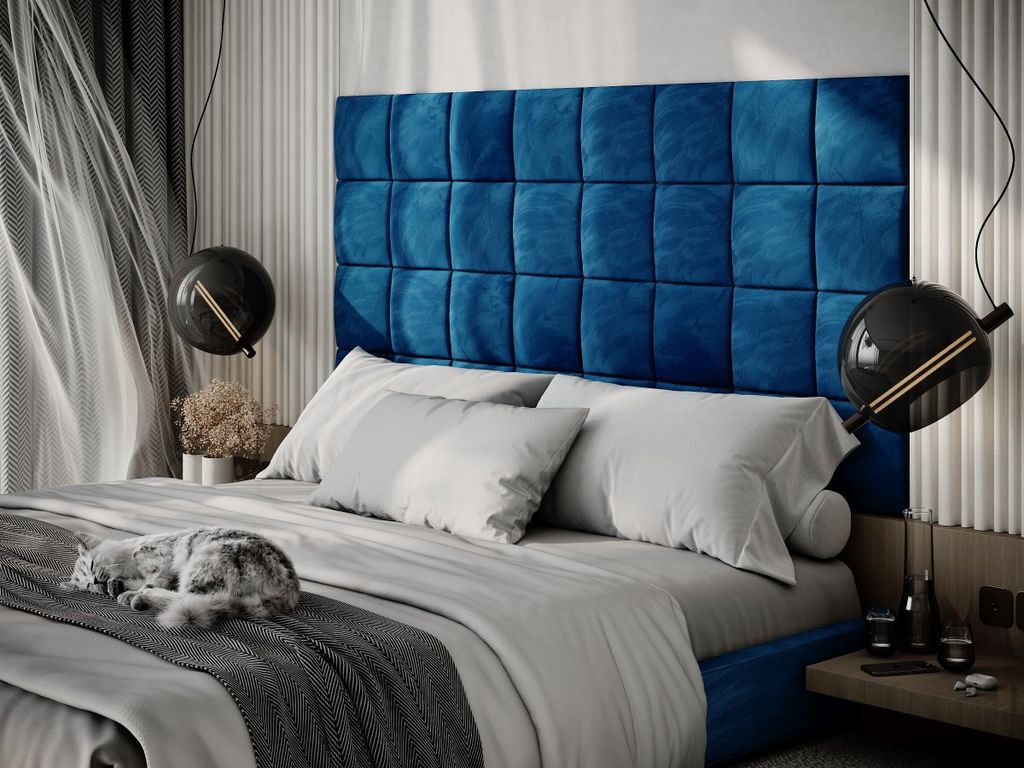 Gepolsterte dekorative Wandpaneele, Samtpolsterung für Kopfteile | Gepolsterte Bretter | (Blau, 4x quadratisch (25x25cm))