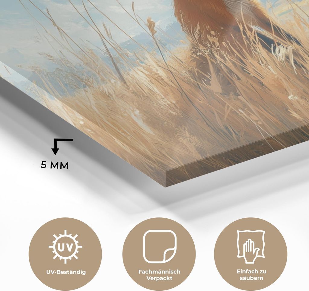 MuchoWow Glasbilder - Bilder auf Wandbild - Foto auf Glas Fuchs - Gras - Wolken - Orange 80x40 cm Wanddekoration aus Glas - Acrylglasbild - Acrylbi...