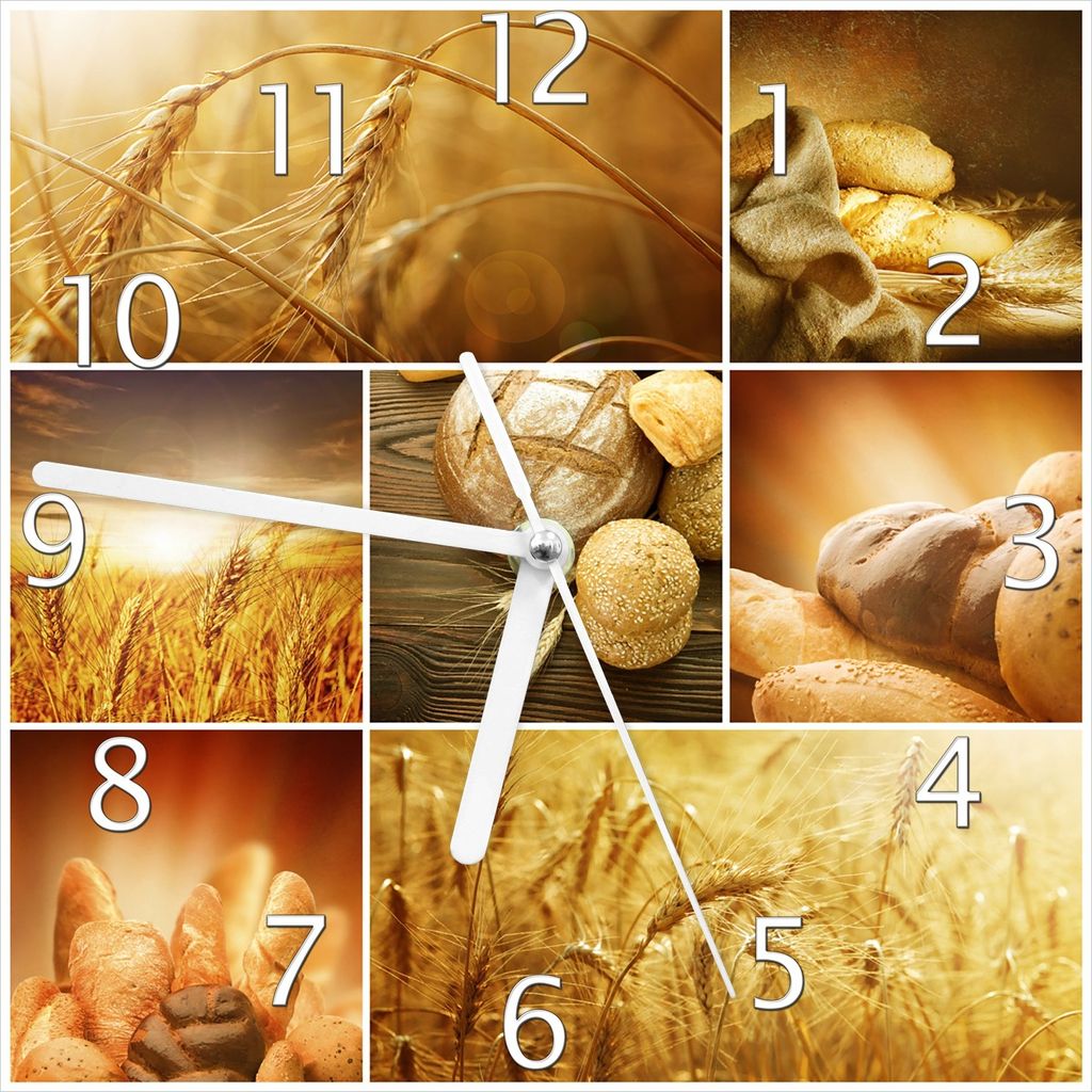 Wallario Design Wanduhr Getreide und Brotsorten aus Weizen aus Echtglas, Größe 20 x 20 cm