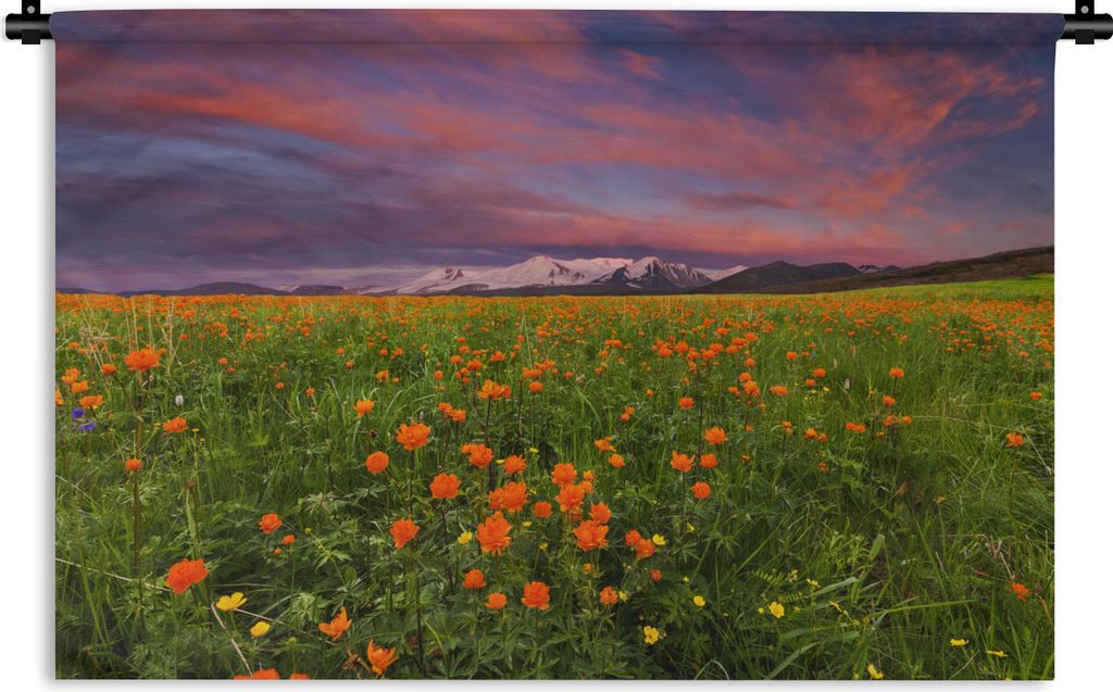 MuchoWow Wandteppich Wandbehang Blumenwiese - Rosa - Berge 90x60 cm Tapisserie Dekoration Wandtuch - Wandskulpturen - Bildteppich