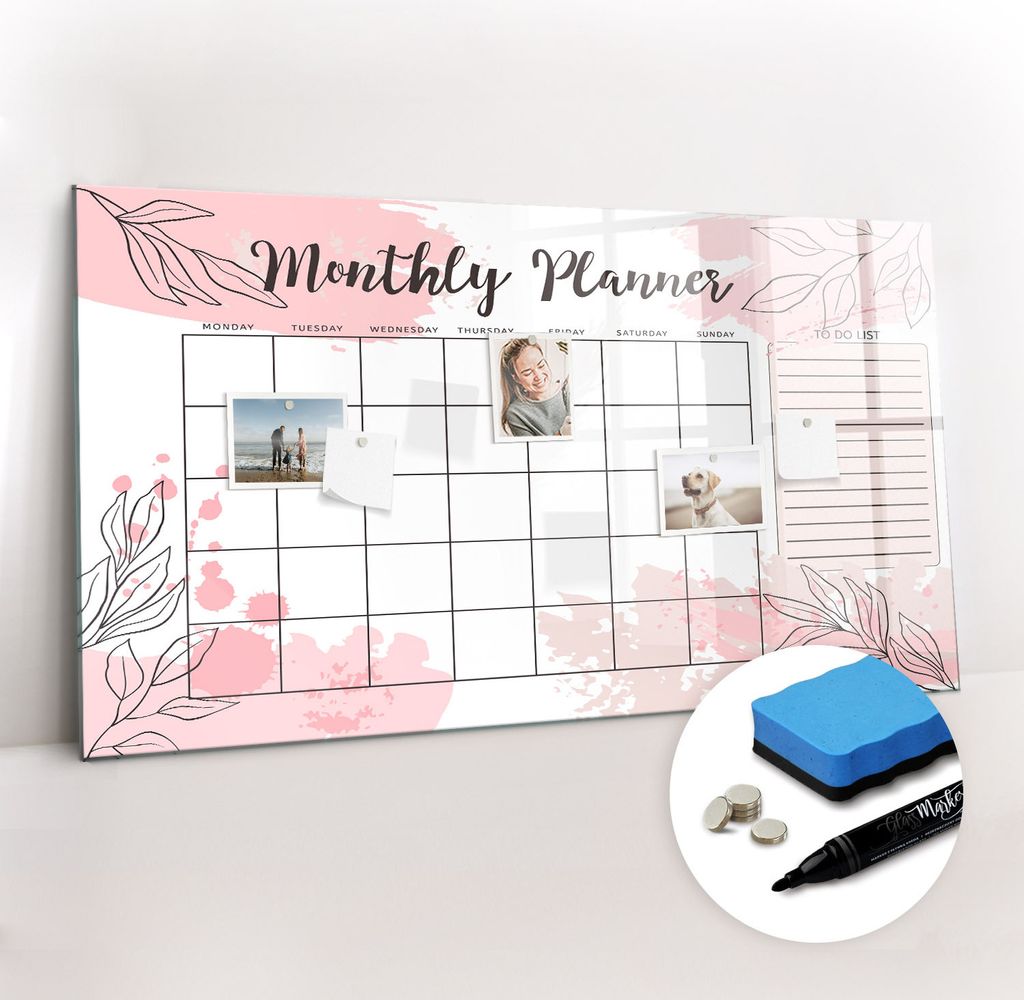 Magnetpinnwand Memoboard - Zubehörsatz - Schwarzer Marker + Schwamm + Magnete - 120 x 60 cm - Rosa Monatsplaner