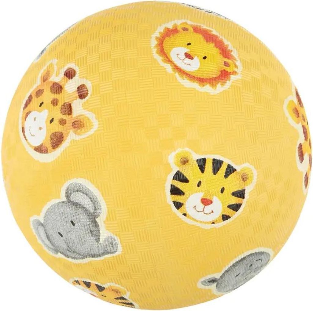 A yellow rubber ball with cartoon animal faces printed on it.