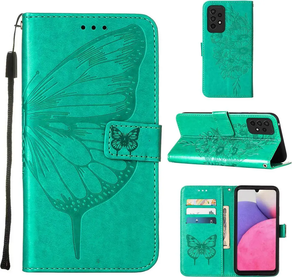 Galaxy A33 5G Case, Butterfly Relief Flip Custodia in pelle con slot per schede e stand per Samsung Galaxy A33 5G verde