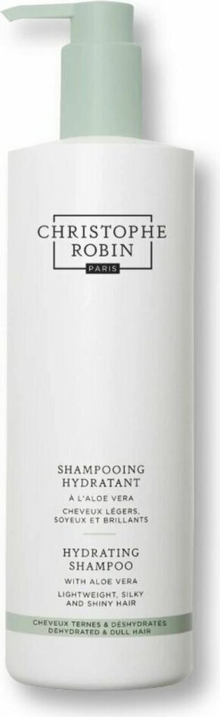 A white bottle of Christophe Robin Hydrating Shampoo with a light green pump dispenser.