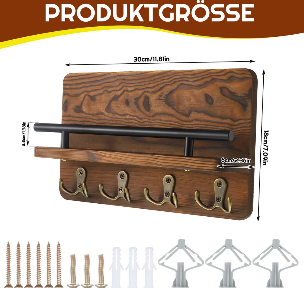 Schlüsselbrett Holz mit Ablage, Schlüsselhalter mit Metall Produktbild 3