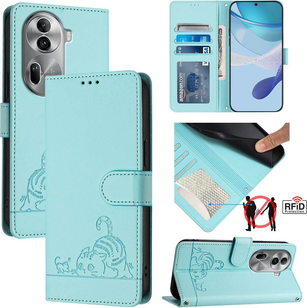 Leder Hülle für Oppo Reno11 Pro Süße Katze Flip Case Brieftasche Schutzhülle mit Standfunktion hellgrün