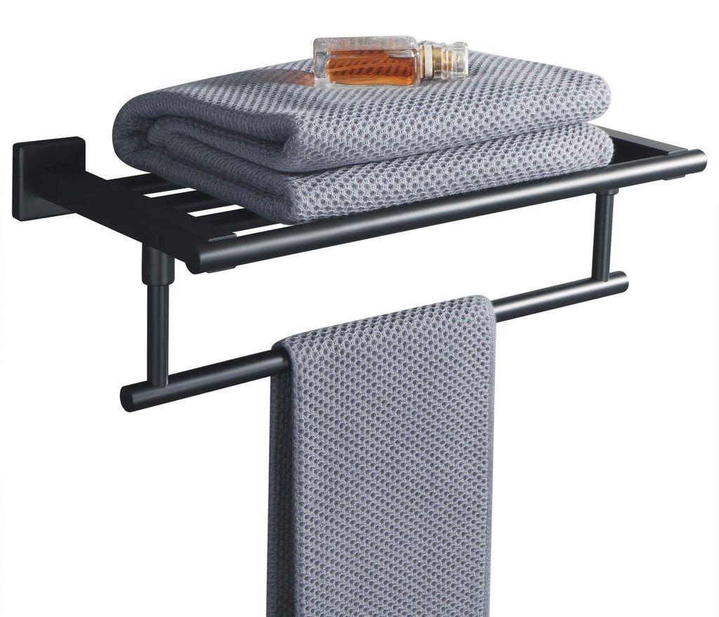 Doppelschichtiger Handtuchhalter,Handtuchhalter Wand aus Edelstahl 304 für Badezimmer mit Ablage und Verdeckten Schrauben, Wandmontiert, Schwarz, ...