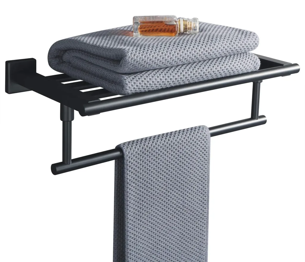 Porte-serviettes 2 niveaux noir mat avec tablette et fixation invisible