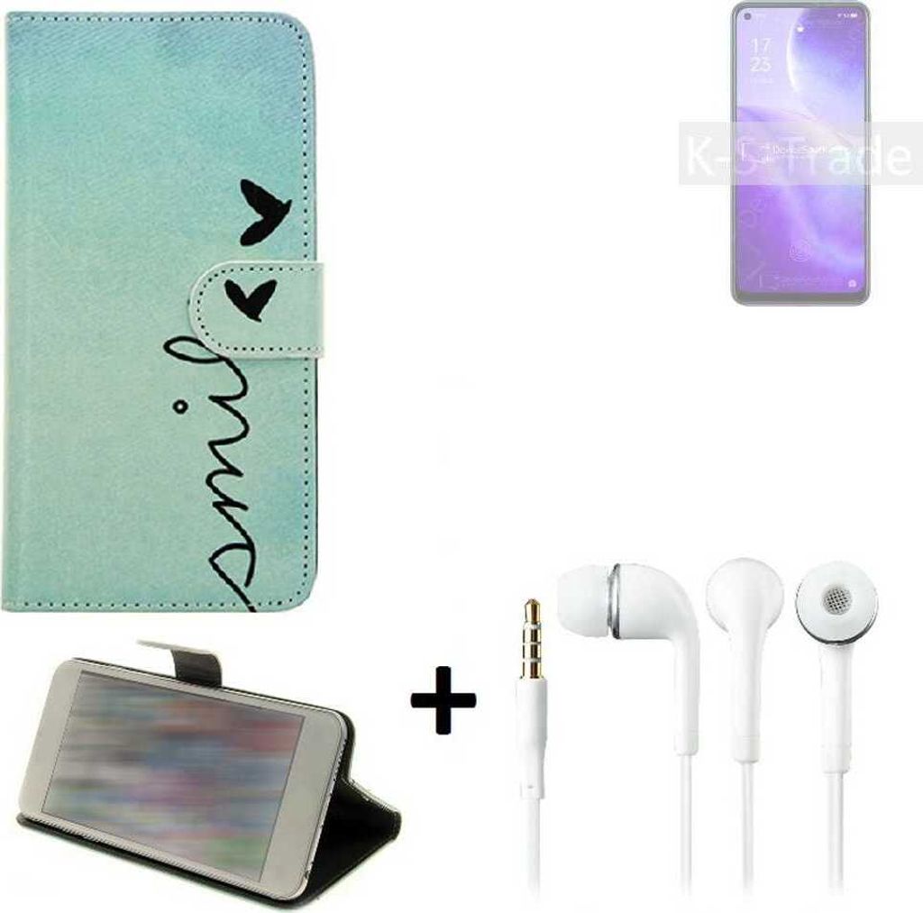 K-S-Trade Schutz Hülle Handy Hülle kompatibel mit Oppo Reno5 Z 5G 360° Wallet Case Schutz Hülle ''smile'' inkl. Ohrstöpsel Smartphone cover