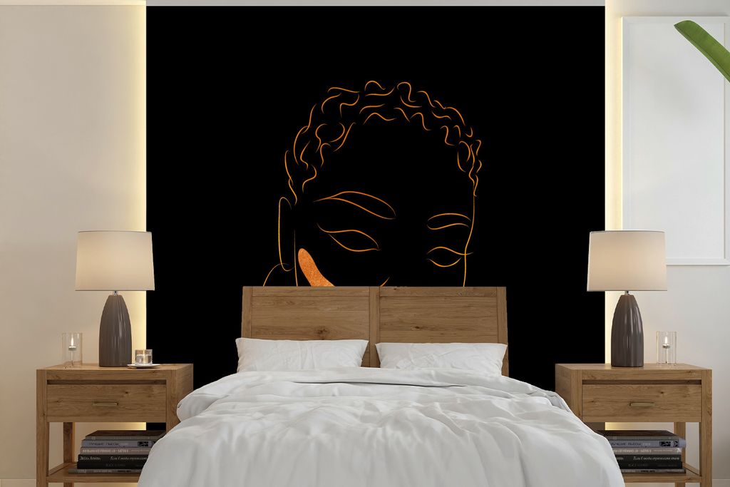 MuchoWow Fototapete für Wohnzimmer oder Schlafzimmer Wandtapete Vinyl Motivtapete Frau - Schwarz und Gold - Strichzeichnung - 350x350 cm - Schla...