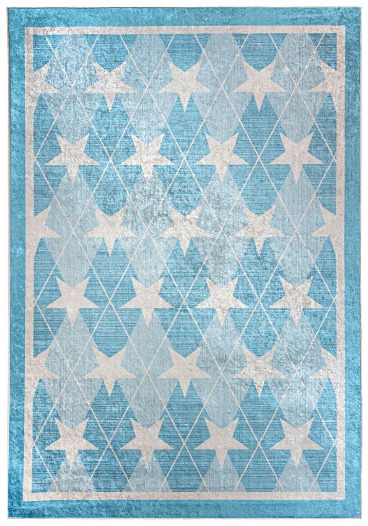 Mazovia Kinderteppich Sterne Blau 160x230 cm Kurzflor Pflegeleicht Spielteppich für Kinderzimmer
