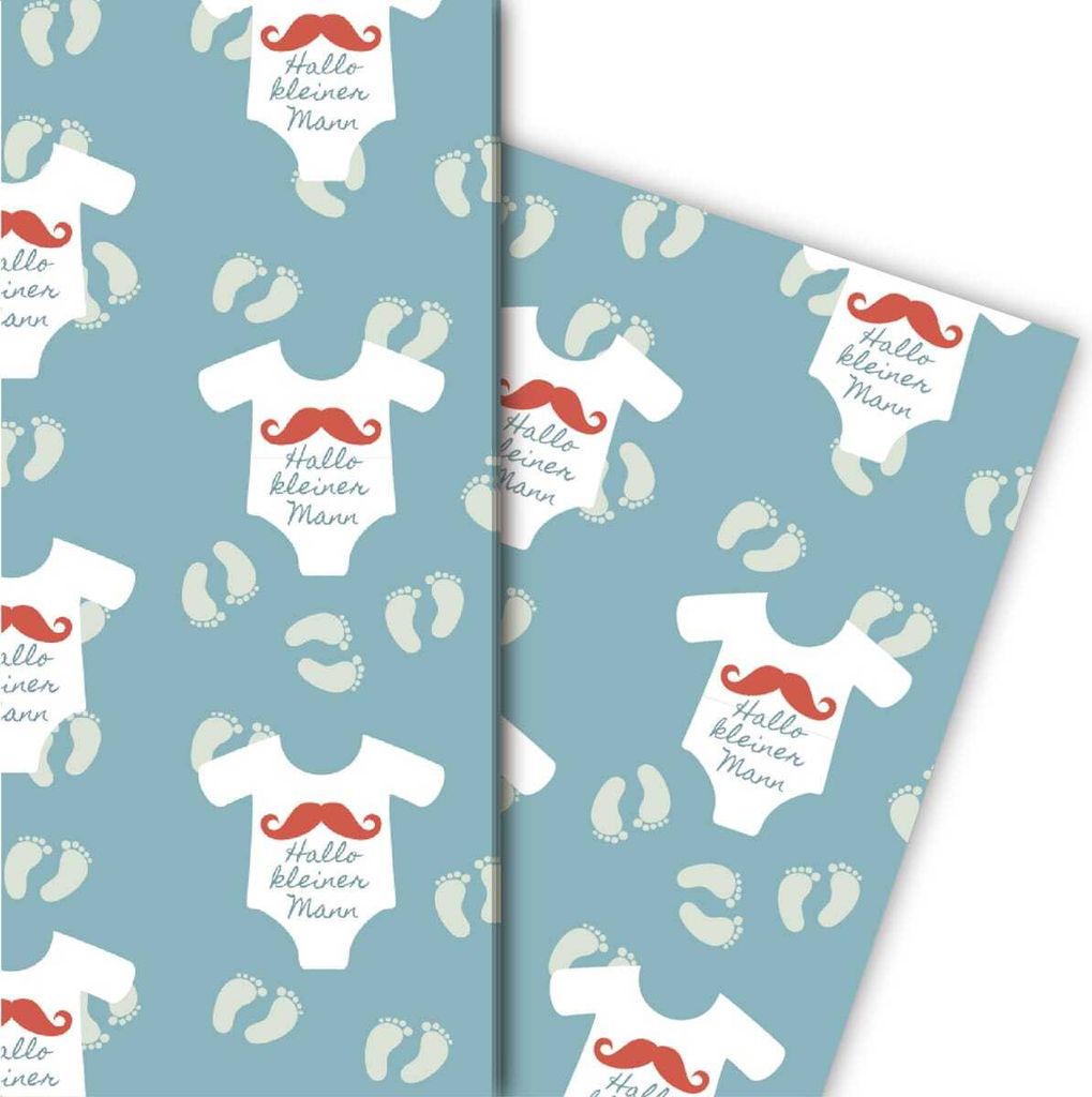 Designer Baby Geschenkpapier Hallo kleiner Mann auf blau grün - G5142, 32 x 48cm
