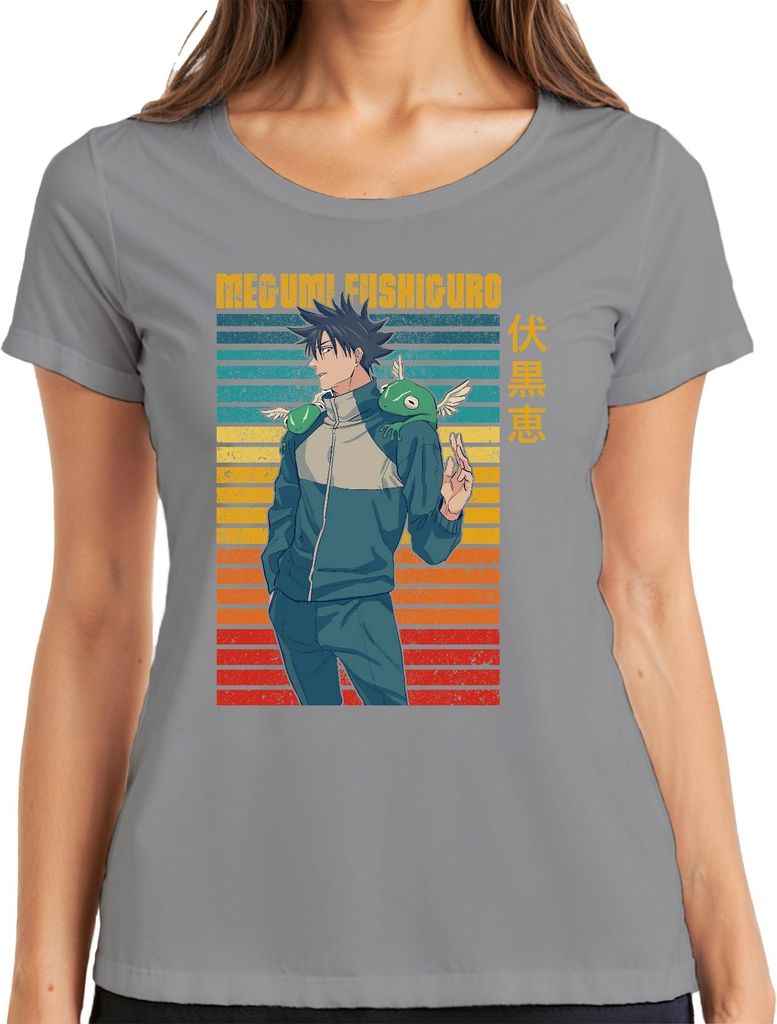 Megumi Fushiguro Jujutsu Kaisen Shikigami Frosch Geschenk Vintage Damen T-Shirt, Grau, L