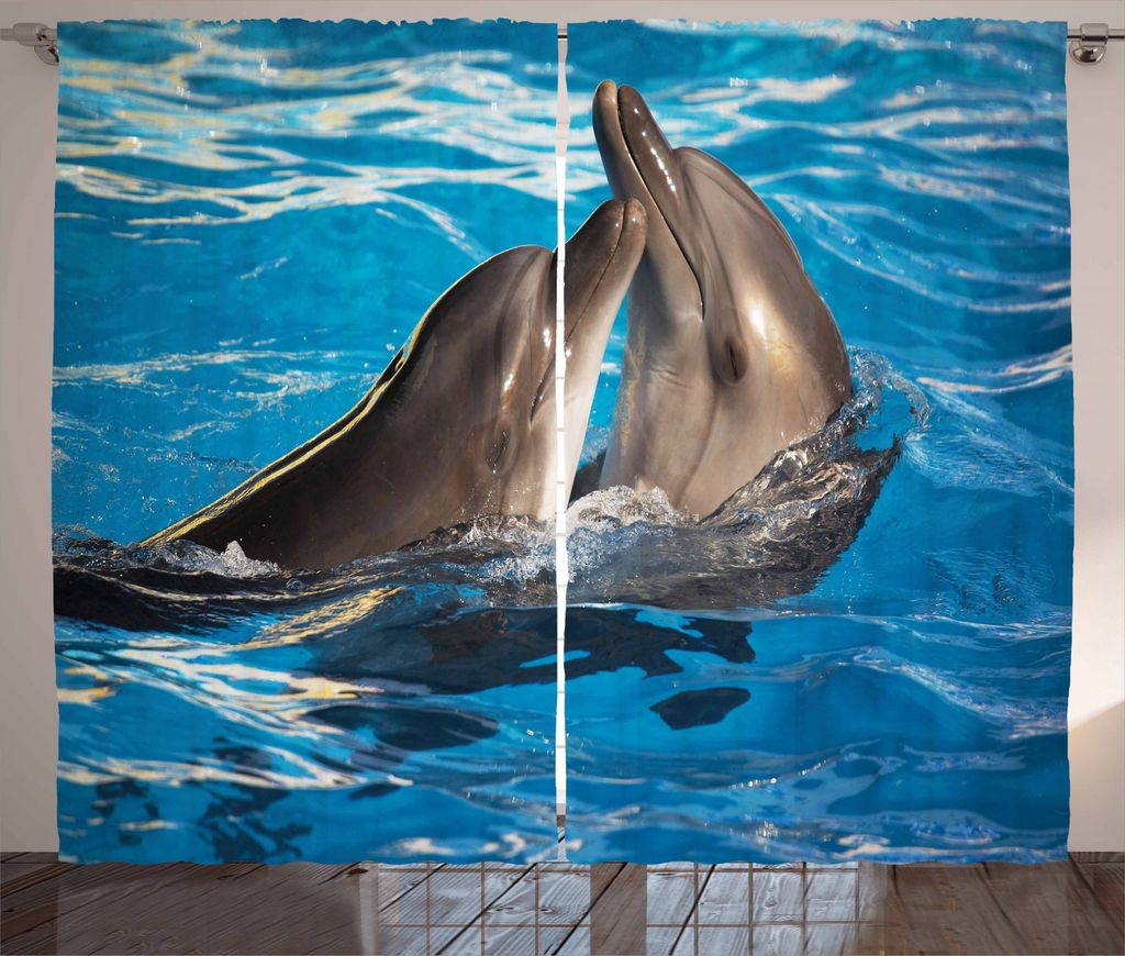 ABAKUHAUS Delphin Rustikaler Vorhang, Aqua Show Fotografie, Wohnzimmer Universalband Gardinen mit Schlaufen und Haken, 280 x 245 cm, Blau Dunkel Taupe