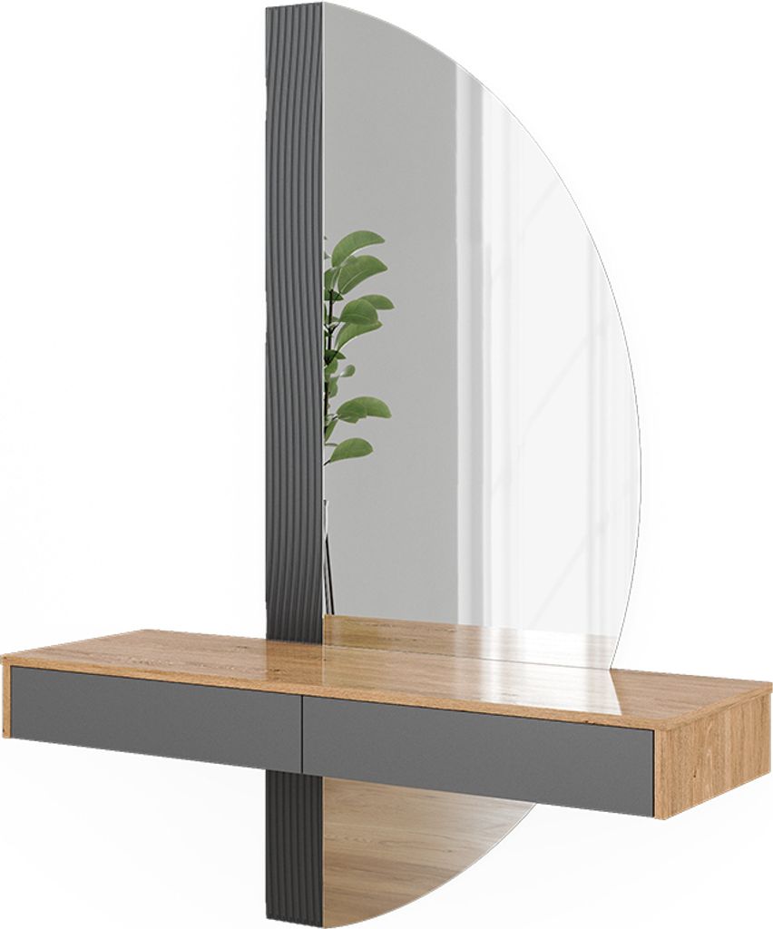 A modern vanity table with a large, semi-circular mirror and two drawers, set against a white background.