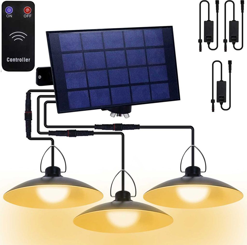 Außen Solarlampe Wasserdichte Garten Solar Pendelleuchte mit 3 Lampen und Fernbedienung, Warmweiß