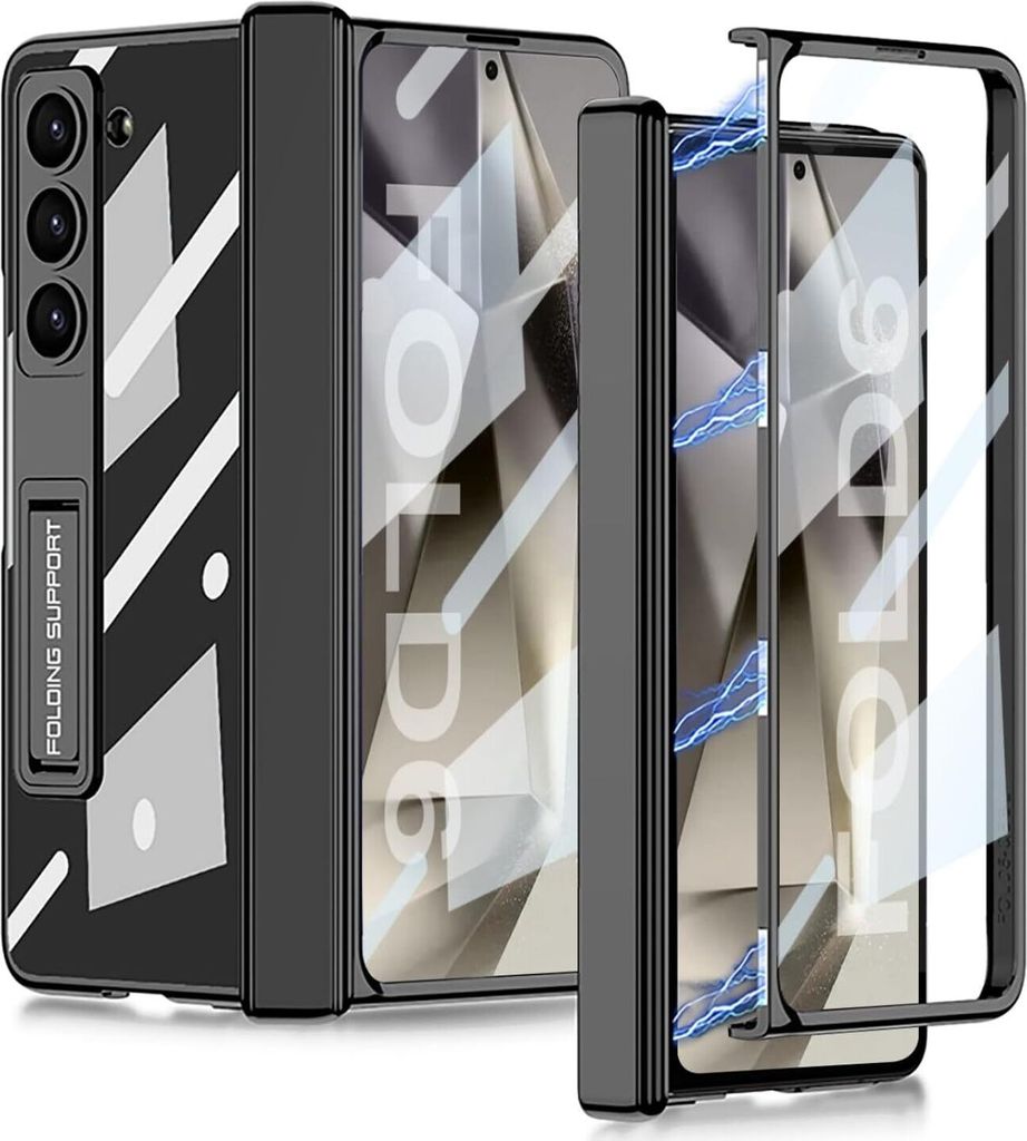 Hülle für Samsung Galaxy Z Fold 6 Magnetisch Scharnierschutz Transparent Überzug PC Kristall Stander Schutzhülle mit Displayschutz Schwarz