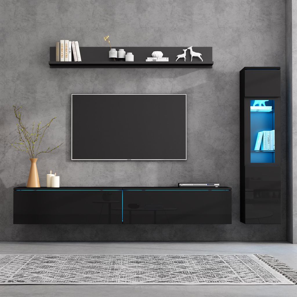 TV Wohnwand Set 3-teilig LED Hochglanz Schwarz Wohnzimmer Möbel Set Frontale Wohnwand Schwarz 1 TV Schrank,1 Wohnzimmer Vitrine,1Hängeregal,TV bi...