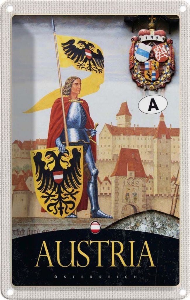 vianmo Blechschild 18x12 cm Österreich Ritter Burg 1889 Wappen Bildmotiv Reisemotiv Abenteuer Reisen Urlaub