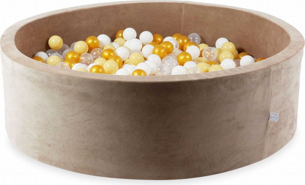 Bällebad 130x40 Samtig weich dunkelbeige – Mit 700 Bällen / transparent, weiß, beige, gold