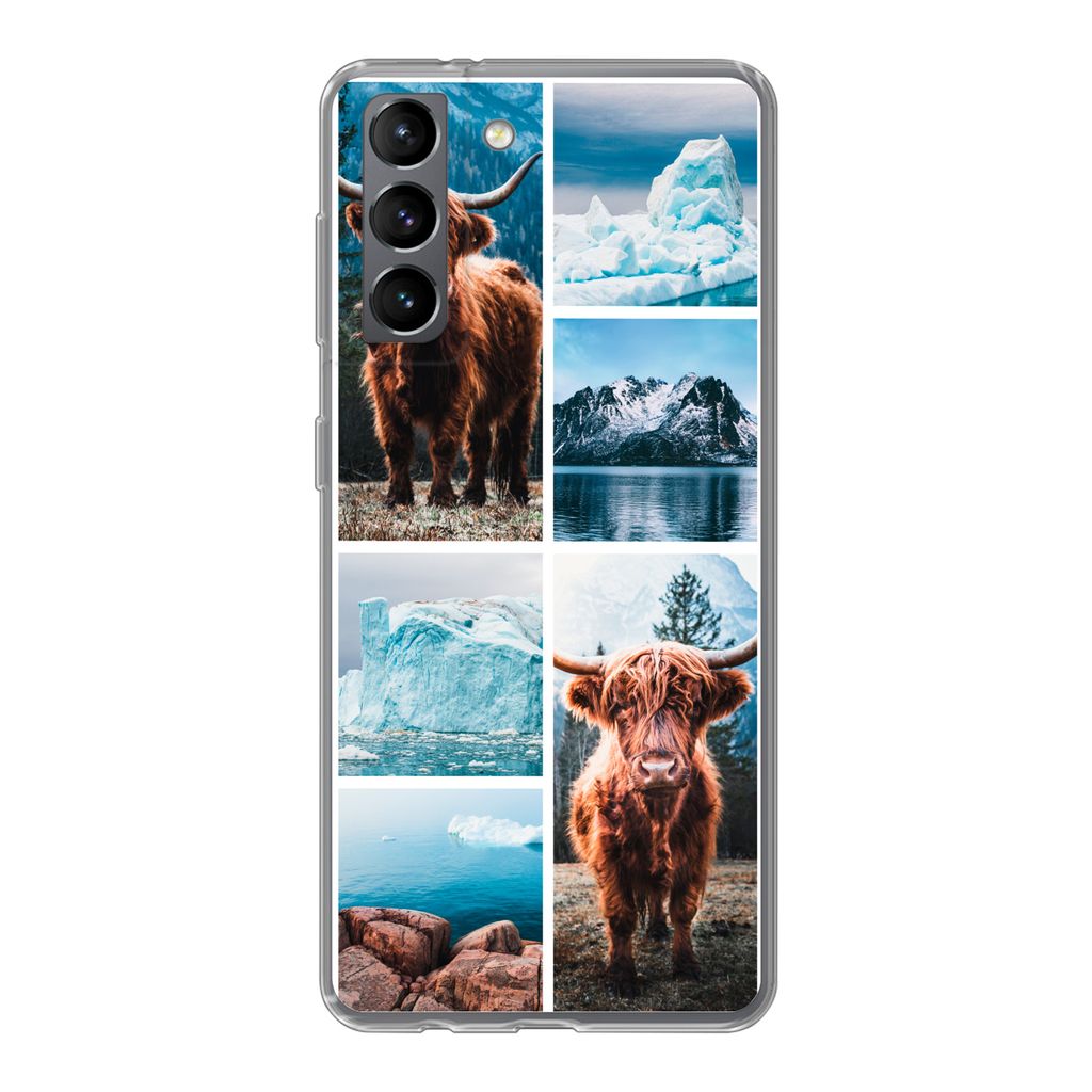 MuchoWow Handyhülle Schutzhülle Hülle für Samsung Galaxy S21 Schottischer Highlander - Eiscreme - Collage Silikon Softcase Handy Hülle - Sof...