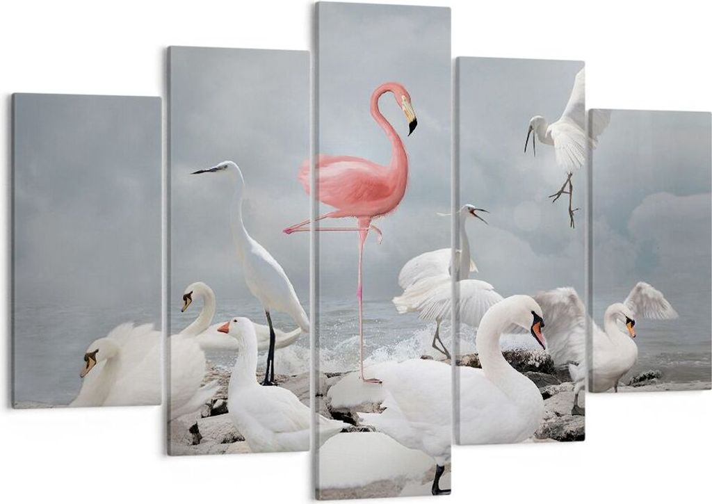 Bild auf Leinwand - Leinwandbild - 5 Teile - Flamingo Schwan Fantasie - 150x100cm - Wand Bild - Wanddeko - Wandbilder - Leinwanddruck - Bilder - Wa...