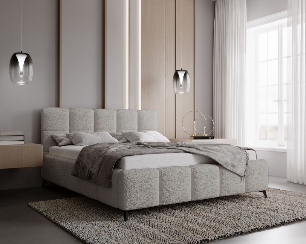 Polsterbett 140x200 Kastilo mit Metall-Lattenrost - Doppelbett, Schlafzimmer - Bettkasten, Kopfteil, Bouclé Grau