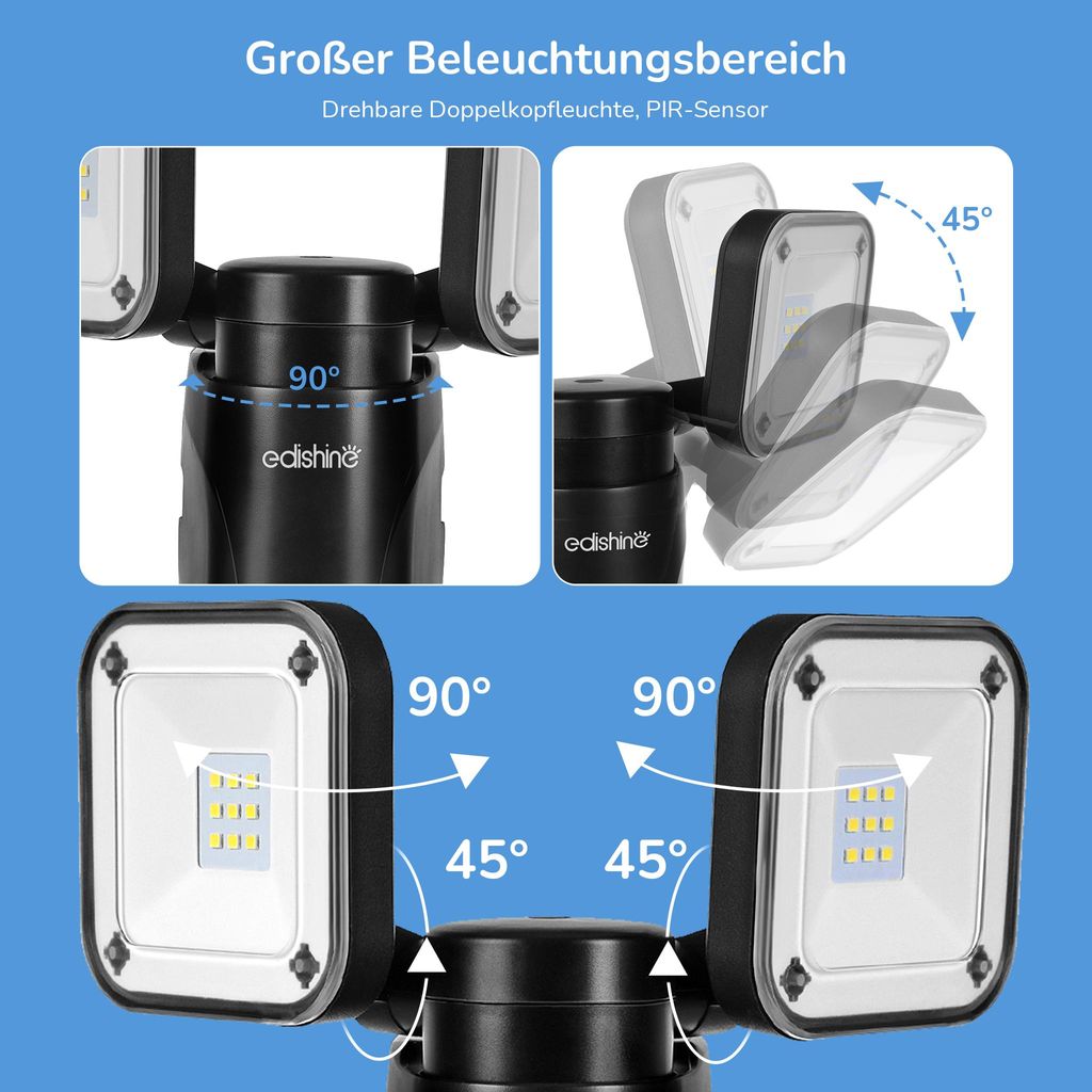 EDISHINE LED Strahler mit Bewegungsmelder Außen, akku