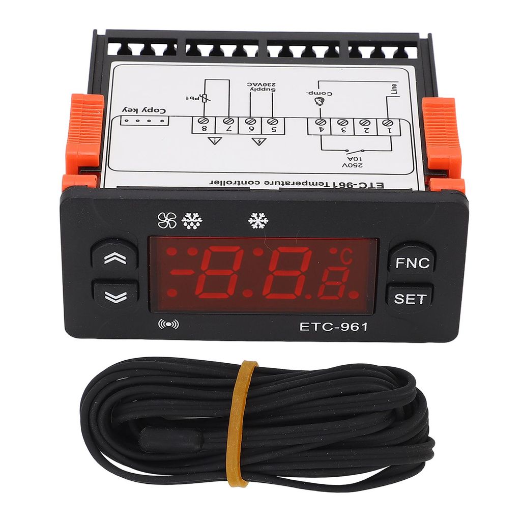 A digital temperature controller with a connected temperature probe.