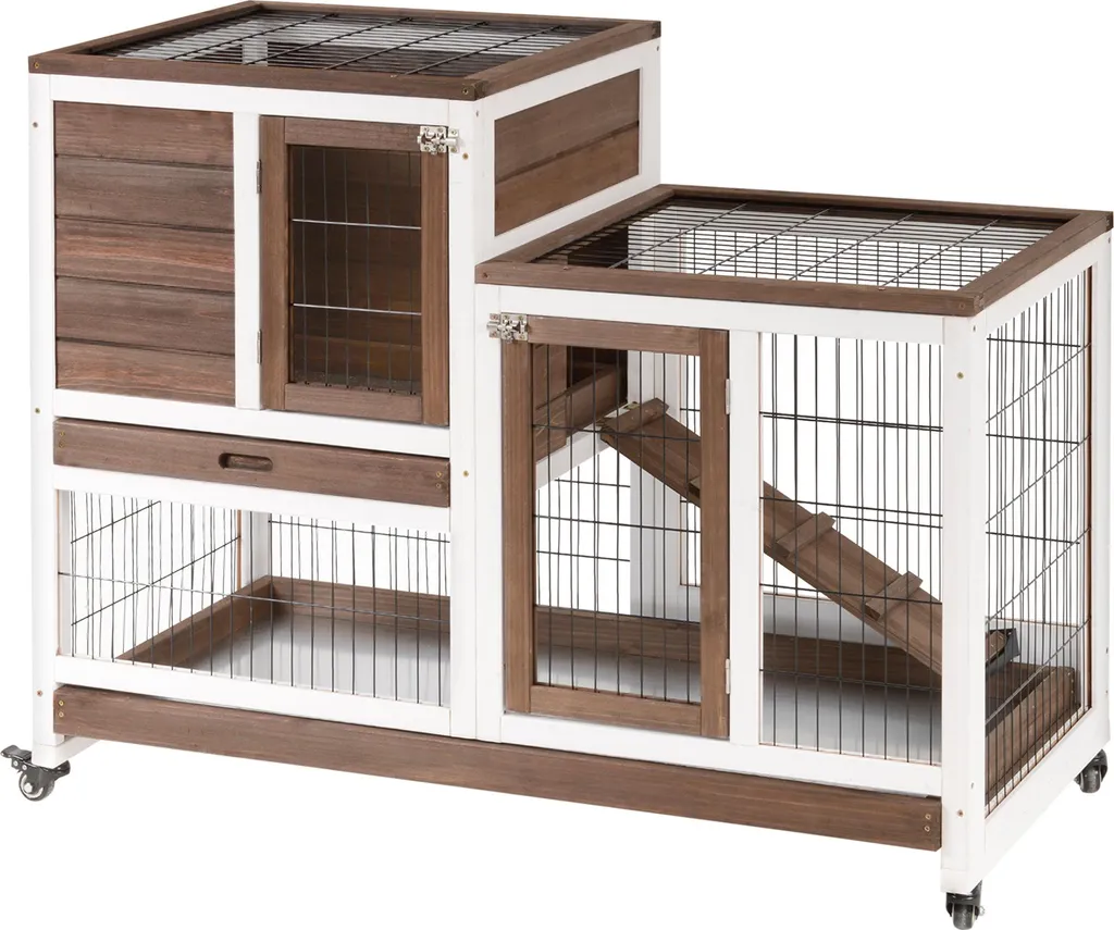 Clapier à lapin 2 étages pour intérieur et jardin avec rampe d'accès bois