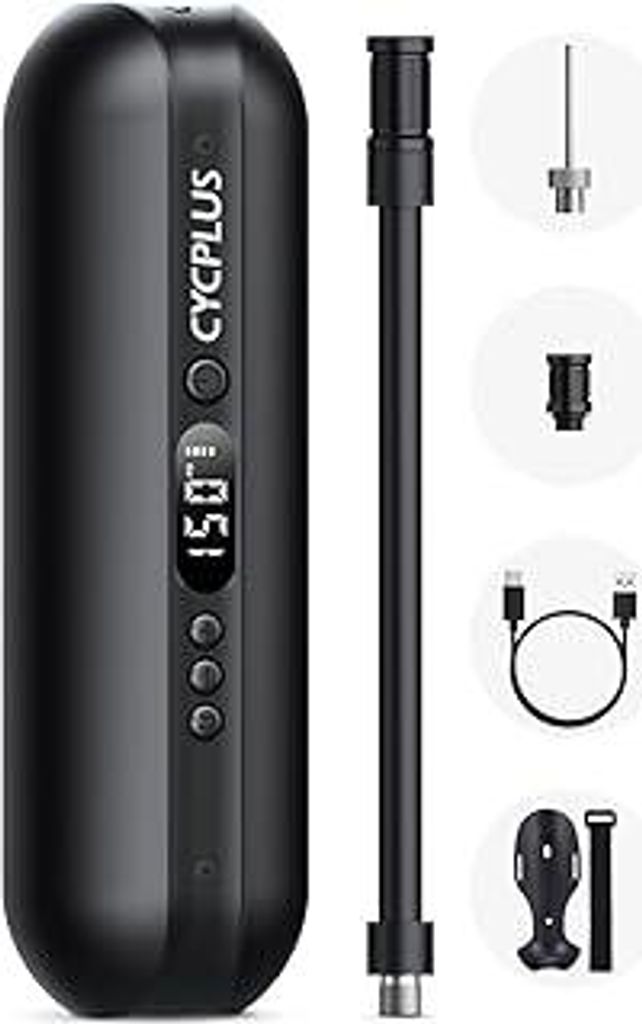 CYCPLUS Luftpumpe 150PSI Elektrischer Kompressor Tragbar Fahrradpumpe Mini Reifenpumpe mit Digital LED Anzeige LED Licht Wiederaufladbarer Li-ionen...