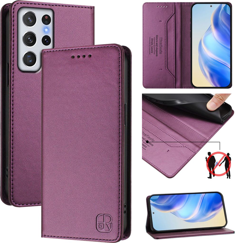 Lederhülle für Samsung Galaxy S22 Ultra 5G Hülle Flip Brieftasche Kartenfächern Ständer Schutzhülle Lila