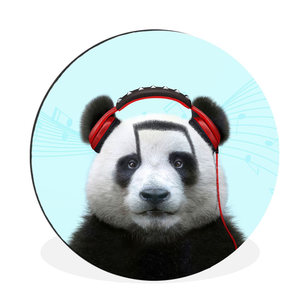 MuchoWow Aluminium Wandkreis Panda - Kopfhörer - Tier - Musiknoten - Rot Ø 30 cm Wanddeko Modern Wohnzimmer - Wand Bild - Wohnzimmer - Runde Bi...