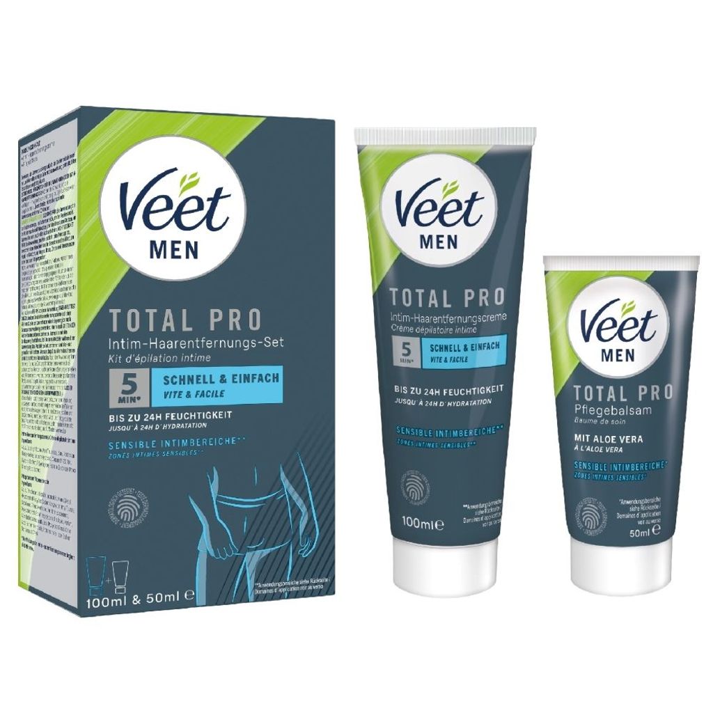 A product shot of a Veet Men hair removal kit and accompanying balm, displayed on a white background.