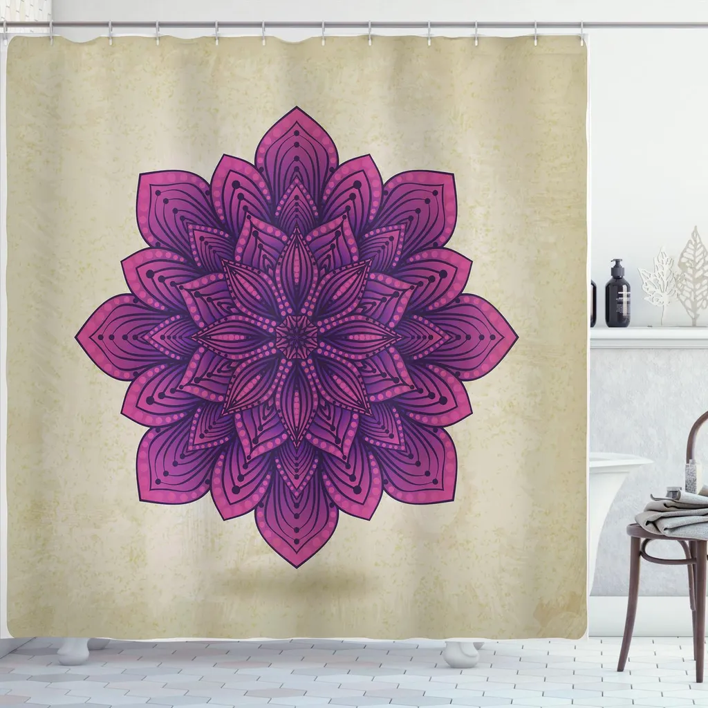 ABAKUHAUS Tenda da doccia Lotus, mandala etnico stilizzato in stile geometrico digitale con vivaci motivi artistici, 175 x 240 cm, colori guscio d'uovo e fucsia