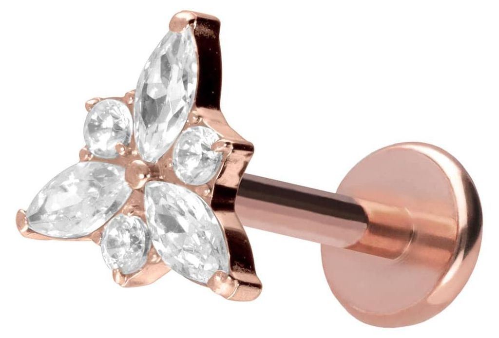 Ohrpiercing, Nasenpiercing Titan Labret mit Push Fit KRISTALLBLÜTE RoséGold Stablänge: 9mm | Stabstärke: 1mm