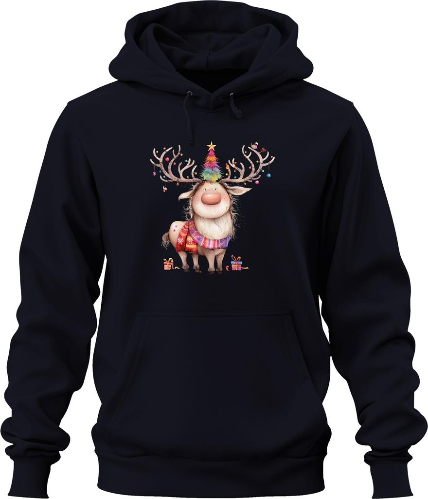 Weihnachtsrentier niedlich buntes Geweih Weihnachtsbaum Geschenk Uni Hoodie Kapuzenpullover, Navy, S