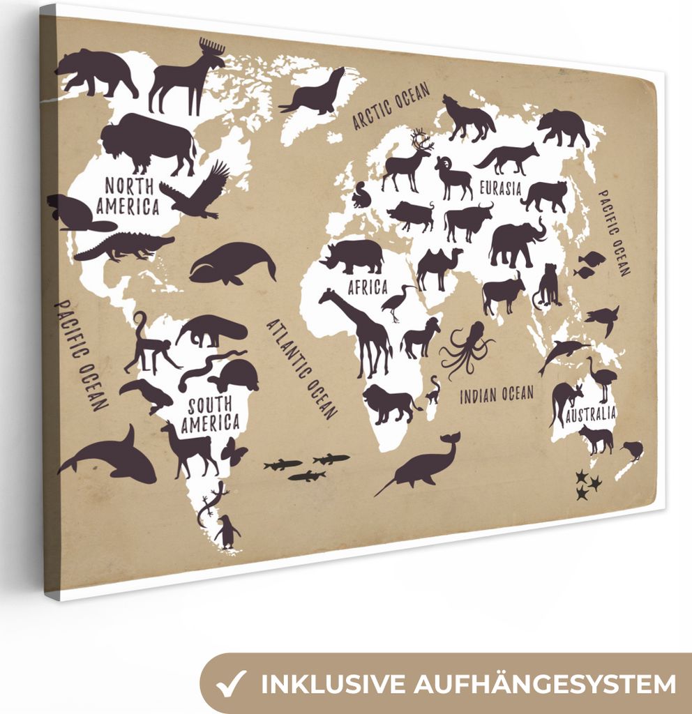 OneMillionCanvasses - Leinwandbilder - 150x100 cm, Weltkarte - Sepia - Tiere, Wandbilder Kunstdruck Wanddekoration