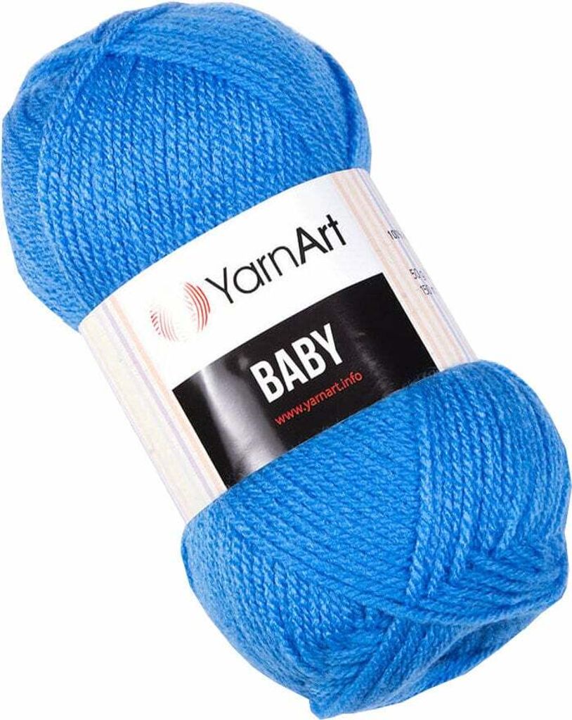 A ball of blue yarn with a label.