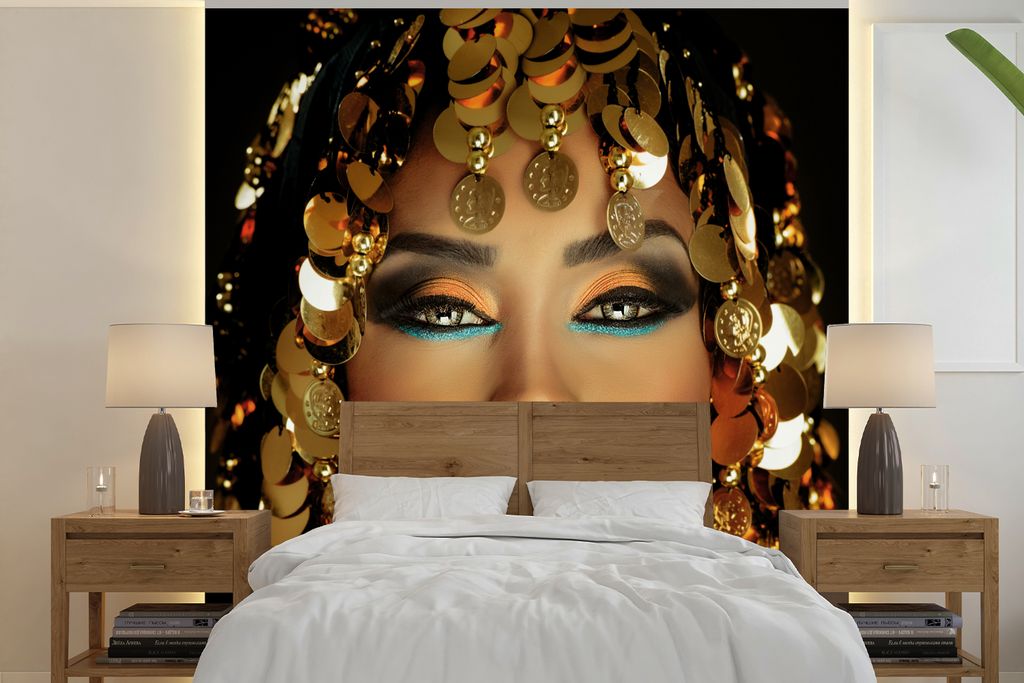 MuchoWow Fototapete für Wohnzimmer oder Schlafzimmer Wandtapete Vinyl Motivtapete Frau - Kleopatra - Gold - Schmuck - Make-up - Luxus - 350x350 ...