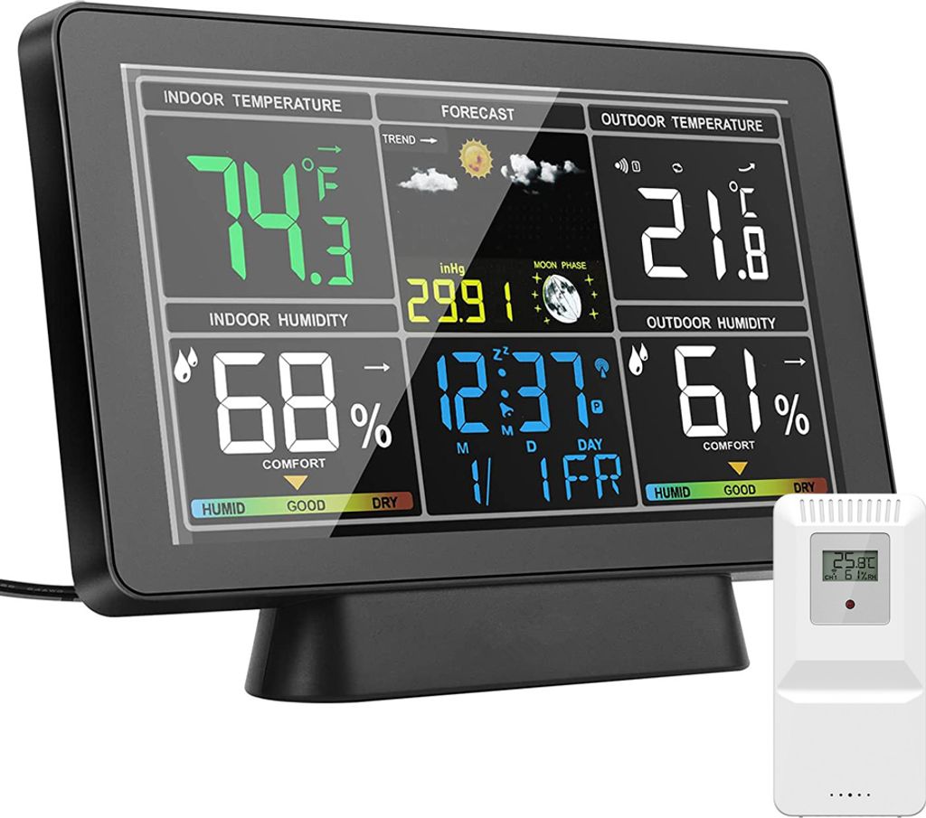 Wetterstation, kabelloses Innen-/Aussenthermometer, Temperatur- und Luftfeuchtigkeitsmonitor, 7,5-Zoll-Farbbildschirm mit Atomuhr und einstellbarer...