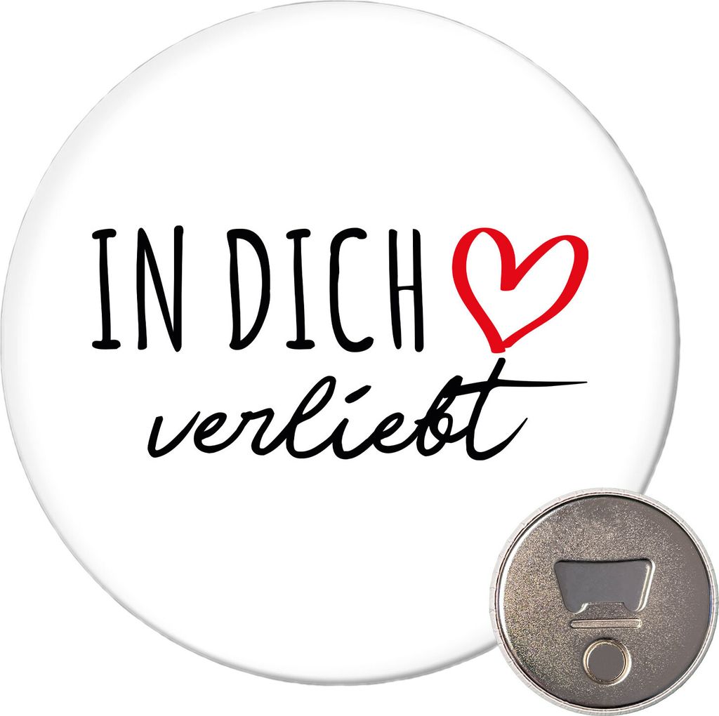 Huuraa Magnet In dich verliebt 59mm Kühlschrankmagnet rund Flaschenöffner Geschenkidee