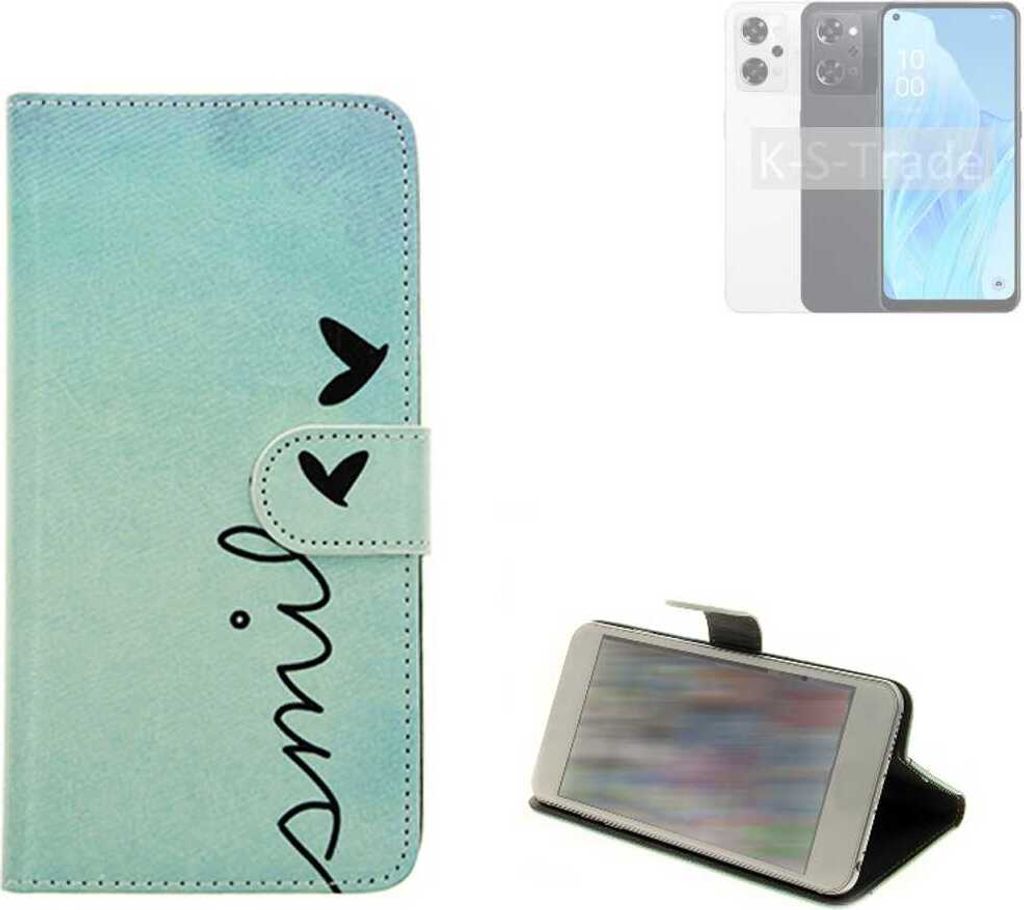 K-S-Trade Schutz Hülle Handy Hülle kompatibel mit Oppo Reno9 A Hülle Handyhülle cover bookstyle Etui Handyhülle “smile“ türkis Standfunktion